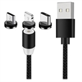 Magnetický Kábel LED 3 v 1 - Lightning, USB-C, MicroUSB - 1m - Čierny