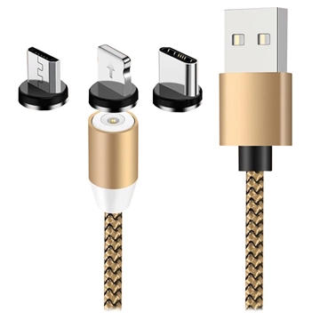 Magnetický Kábel LED 3 v 1 - Lightning, USB-C, MicroUSB - 1m - Zlato