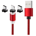 Magnetický Kábel LED 3 v 1 - Lightning, USB-C, MicroUSB - 1m - Červená
