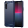 Sony Xperia 10 V Puzdro z Brúseného TPU - Uhlíkové Vlákno - Modrá