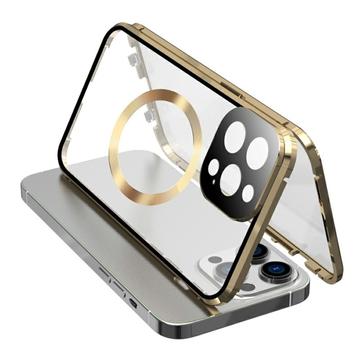 Kompatibilný s MagSafe puzdrom pre iPhone 15 Pro Magnetický kovový rám + obojstranný kryt telefónu z tvrdeného skla so zámkom na pracku
