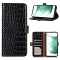 Kožené Puzdro na Peňaženku Samsung Galaxy A14 Krokodíl s RFID - Čierne