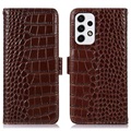 Krokodílová séria Samsung Galaxy A33 5G Wallet Leather puzdro s RFID - hnedá