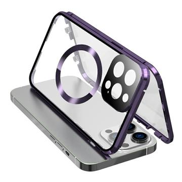 Obojstranné puzdro s tvrdeným sklom a magnetickým kovovým rámom proti pádu pre iPhone 15 kompatibilné s krytom telefónu MagSafe so zámkom na sponu - fialové