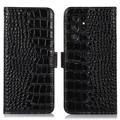 Crocodile Séria Samsung Galaxy S23 Ultra 5G Kožené Puzdro na Peňaženku s RFID - Čierne