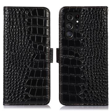 Crocodile Séria Samsung Galaxy S23 Ultra 5G Kožené Puzdro na Peňaženku s RFID - Čierne
