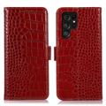 Crocodile Séria Samsung Galaxy S23 Ultra 5G Kožené Puzdro na Peňaženku s RFID - Červená