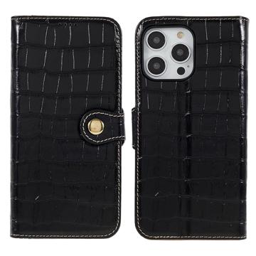 Kožené Puzdro do Peňaženky iPhone 14 Pro Max - Crocodile - Čierny