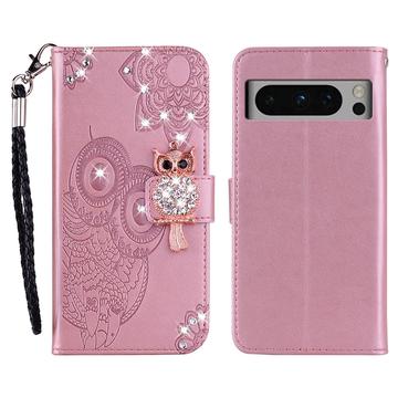 Google Pixel 8 Pro Owl Rhinestone Wallet Case - Rose Gold