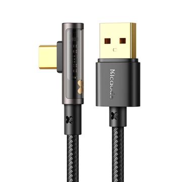 MCDODO CA-3380 MDD 1,2 m USB-A na typ C 90-stupňový kolenový dátový kábel 6A rýchle nabíjanie Priehľadný kábel