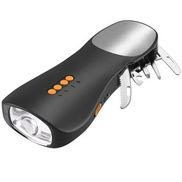 Multifunctional Hand Crank Flashlight w. FM Radio, Tool Set - Black