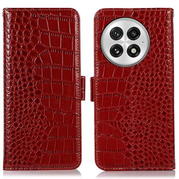 Crocodile Séria OnePlus 13 Kožené Puzdro na Peňaženku s RFID - Červená