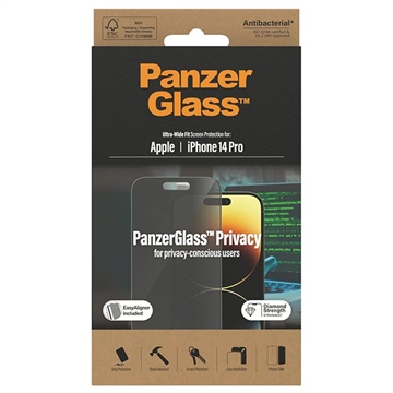Ochrana obrazovky z tvrdeného skla iPhone 14 Pro PanzerGlass Ultra-Wide Fit Privacy EasyAligner - Čierny okraj