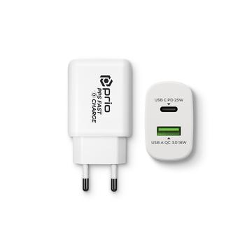 Prio PWC-1204 Fast Wall Charger - 25W PD USB-C, 18W QC3.0 USB-A - White