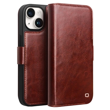iPhone 15 Qialino Classic Wallet Leather Case - Tmavohnedá