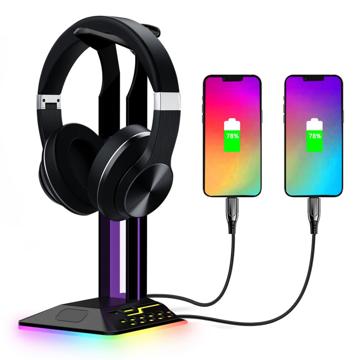 2-v-1 Stojalo za Slušalke/USB-hub z RGB RGBD8 - Črno