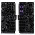 Crocodile Séria Sony Xperia 1 VII Kožené Puzdro na Peňaženku s RFID