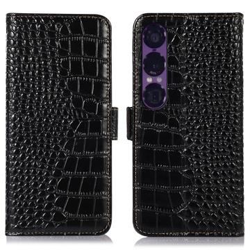 Crocodile Séria Sony Xperia 1 VII Kožené Puzdro na Peňaženku s RFID