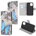 Štýl série iPhone 13 Mini Wallet Case - Blue Butterfly