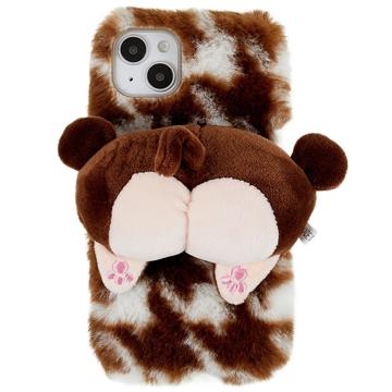 3D Plush Chlpatá zima iPhone 14 Plus TPU Puzdro - Hnedý Corgi