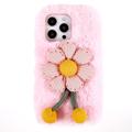 3D Plush Chlpatá zima iPhone 14 Pro Max TPU Puzdro - Ružový Kvet