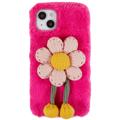 3D Plush Chlpatá zima iPhone 14 TPU Puzdro - Horúci ružový kvet